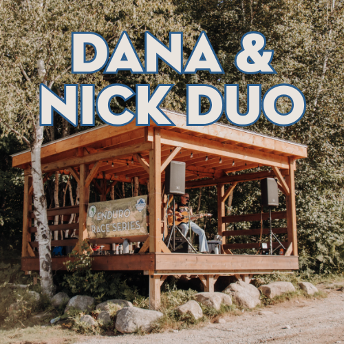 Promo image for Dana & Nick Duo performing at an Enduro Race Series, shown on a wooden outdoor stage with speakers.