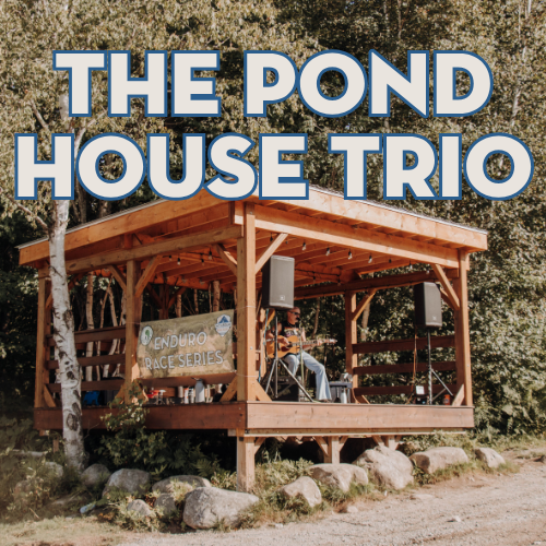 Poster for The Pond House Trio featuring an outdoor wooden gazebo stage with musicians and large blue-outlined text 'THE POND HOUSE TRIO'