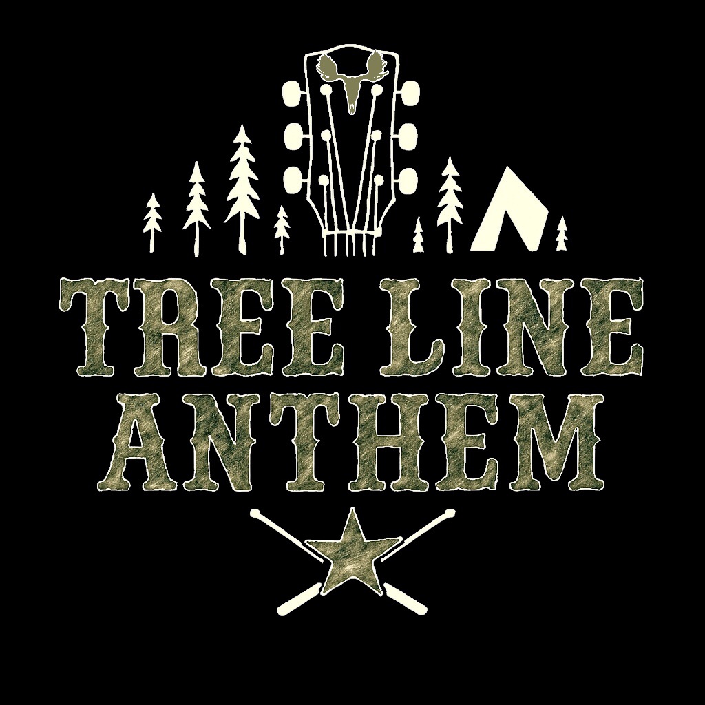Olive text 'Tree Line Anthem' with pine trees, a tent, a guitar headstock motif, a star and crossed drumsticks on black.